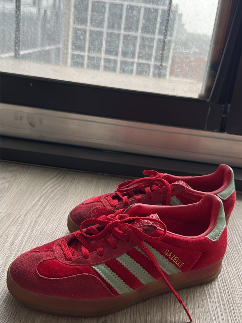 adidas Gazelle Men’s Red Suede Sneakers with Light Green Stripes
